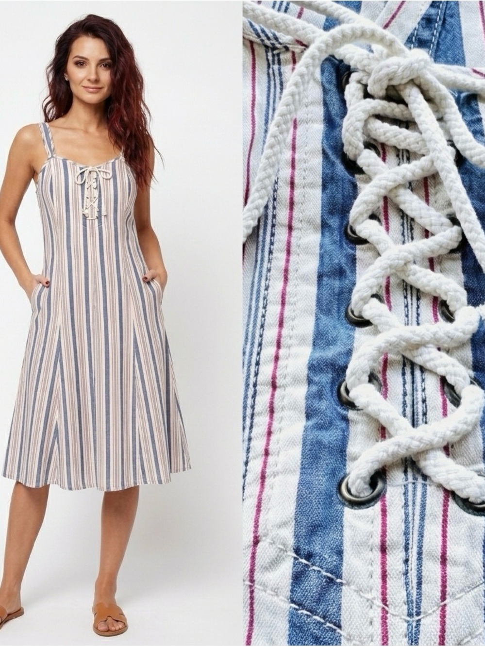 NWT Lauren Ralph Lauren RL Lace Up Cotton dress size 4 Strip tricolor A line